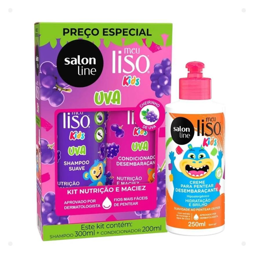 Salon Line Kit Meu Liso Kids: Shampoo 300ml e Condicionador 200ml Uva + Creme para Pentear 250ml