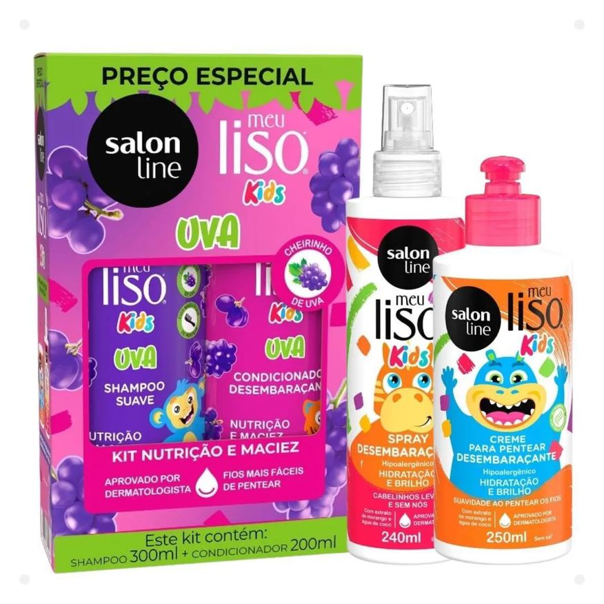 Salon Line Kit Meu Liso Kids: Shampoo 300ml e Condicionador 200ml Uva + Creme para Pentear 250ml e Spray Desembaraçante 240ml