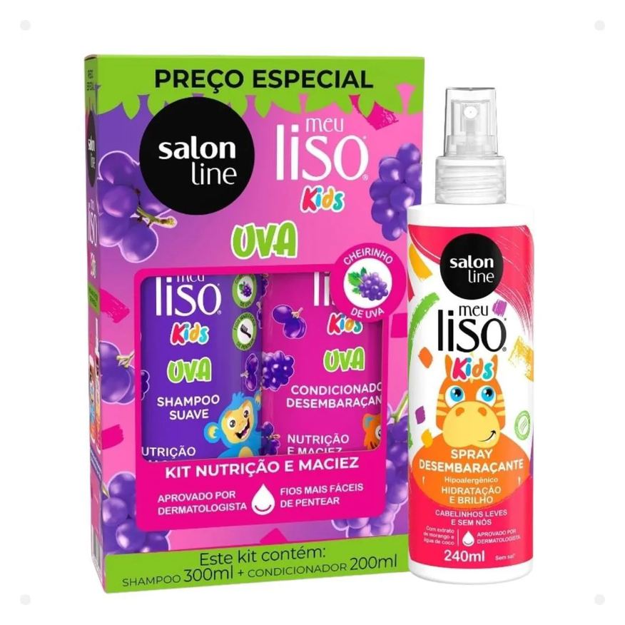 Salon Line Kit Meu Liso Kids: Shampoo 300ml e Condicionador 200ml Uva + Spray Desembaraçante 250ml