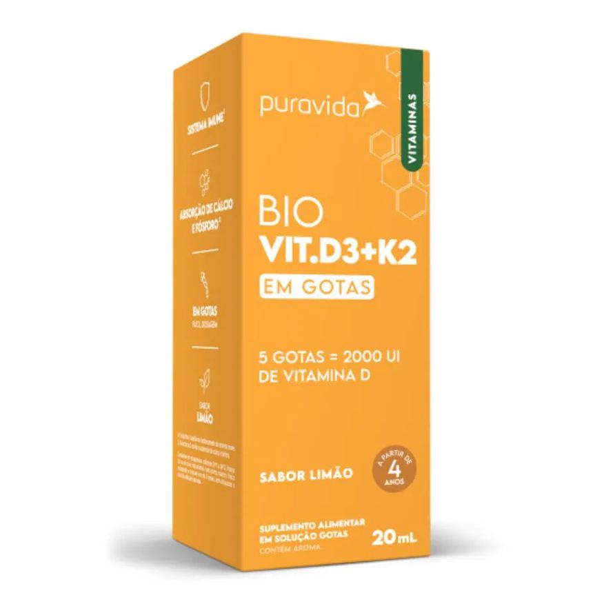Vitamina Bio D3 + K2 Pura Vida em Gotas 20ml – Vit D Sabor Limão