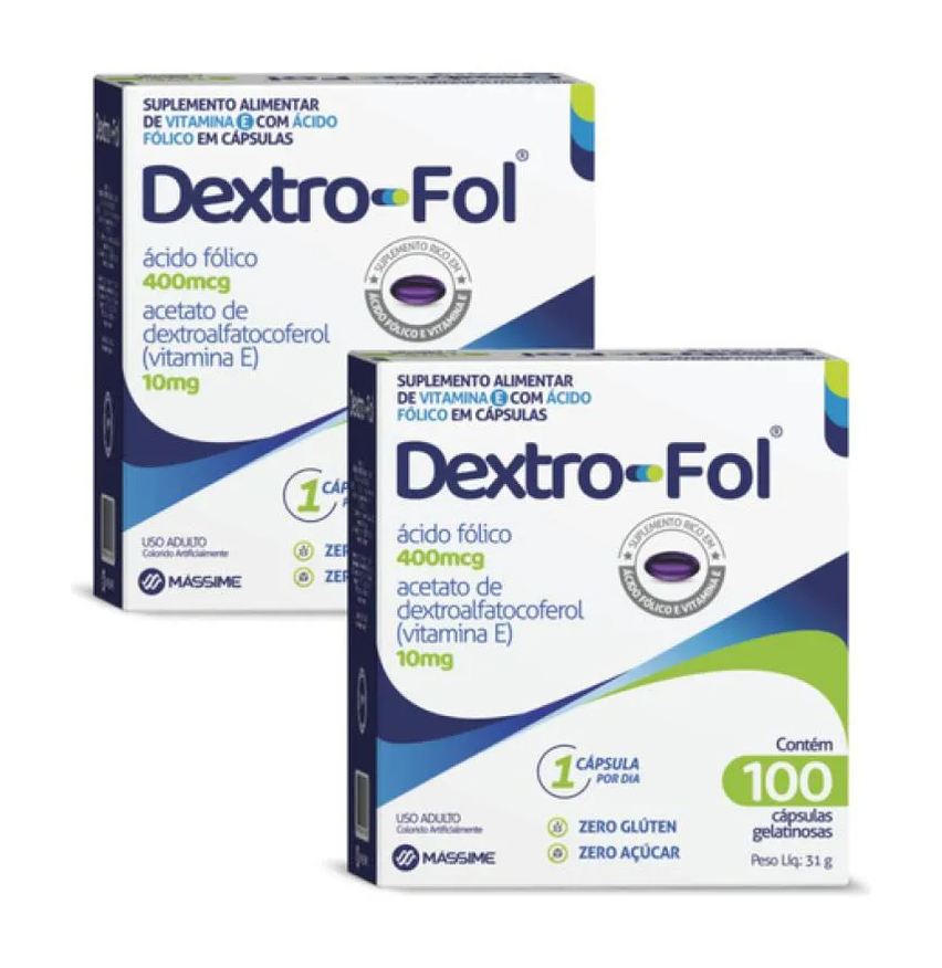 Massime Kit 2x Dextro - Fol Vitamina e + Ácido Fólico 100 Cápulas Mássime