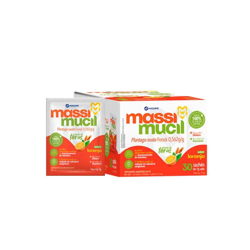 Massime Psyllium Mass Mucil 210g Puro Rico em Fibras 100% Natural - Sabor Laranja