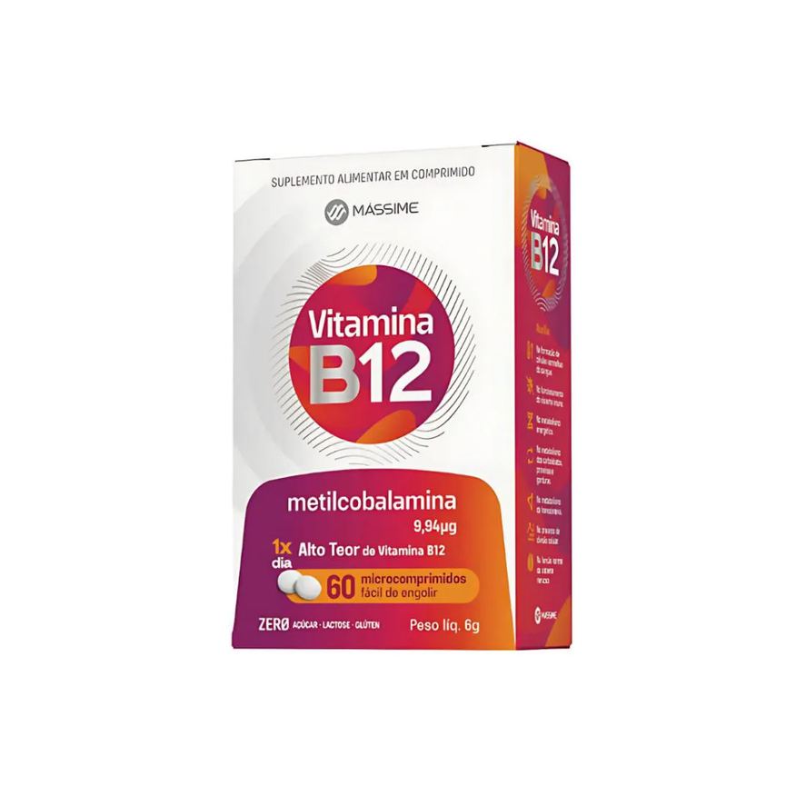 Massime Vitamina B12 9,94mcg - 60 Microcomprimidos Metilcobalamina Pura - Dose Máxima