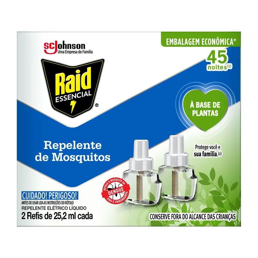 Elétrico Repelente Líquido Raid 45 Noites À Base de Plantas Essencial Caixa 2 unidades 25,2ml Cada Refil Embalagem Econômica