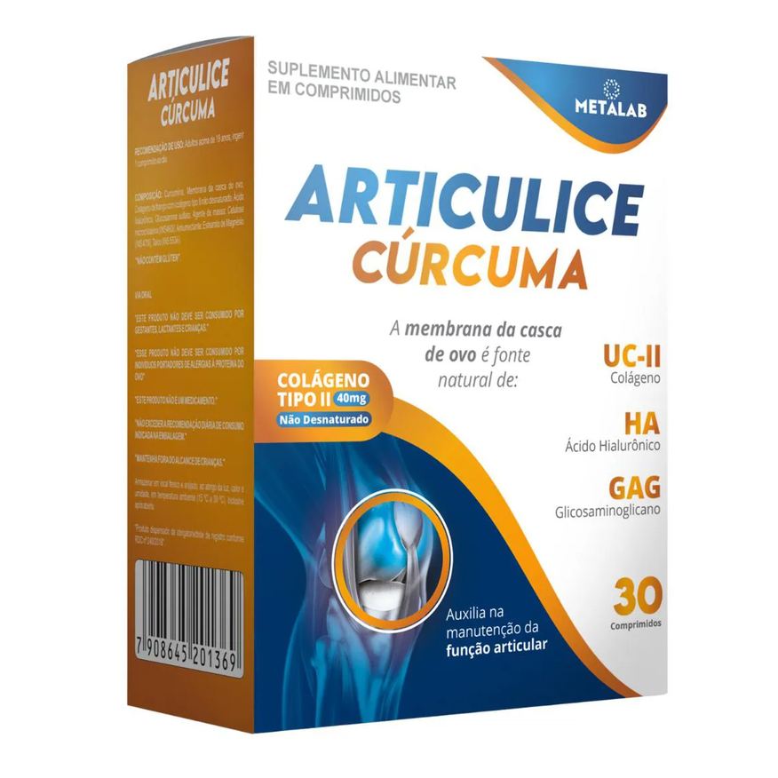 Metalab Suplemento Alimentar Articulice Curcuma 30 Comprimidos Colágeno Tipo II Acido Hialurônico Glucosaminogicanos Curcuma e Colageno
