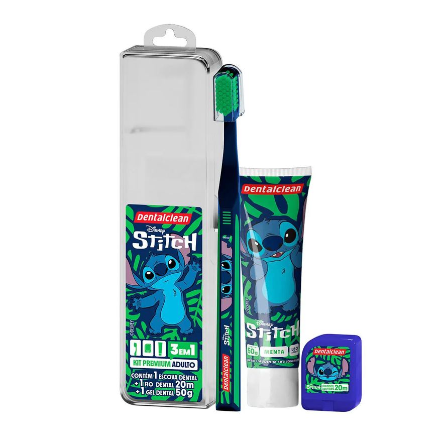 Dentalclean Kit Premium Adulto Disney Stitch 1 Escova de Dente + 1 Fio Dental 20m + 1 Gel Dental 50g