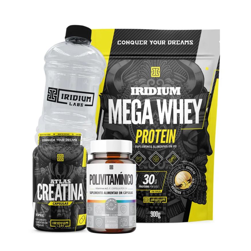 Iridium Labs Mega Whey + Atlas Creatina 60 Cápsulas + Polivitamínico 30 Cápsulas + Galão Cristal 1l Baunilha