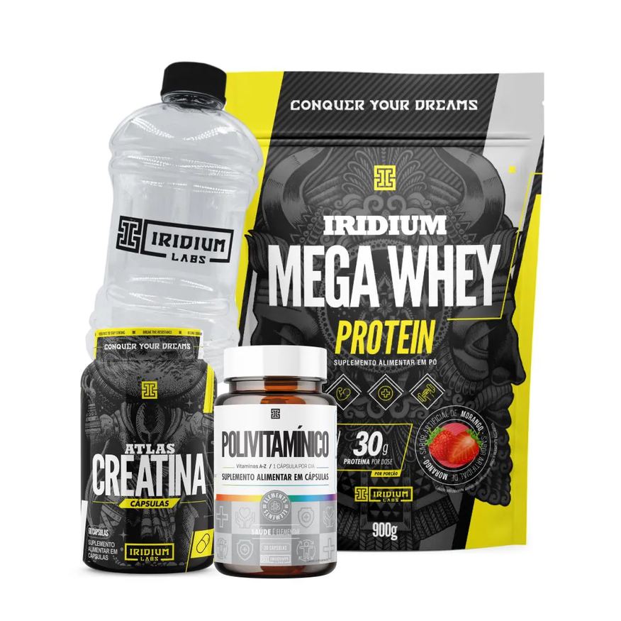 Iridium Labs Mega Whey + Atlas Creatina 60 Cápsulas + Polivitamínico 30 Cápsulas + Galão Cristal 1l Morango
