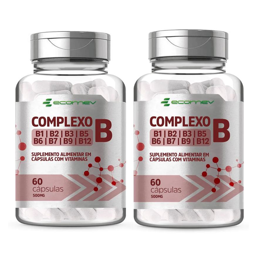 Ecomev 2x Complexo B B1 B2 B3 B5 B6 B7 B9 B12 e Biotina 500mg 60 Capsulas