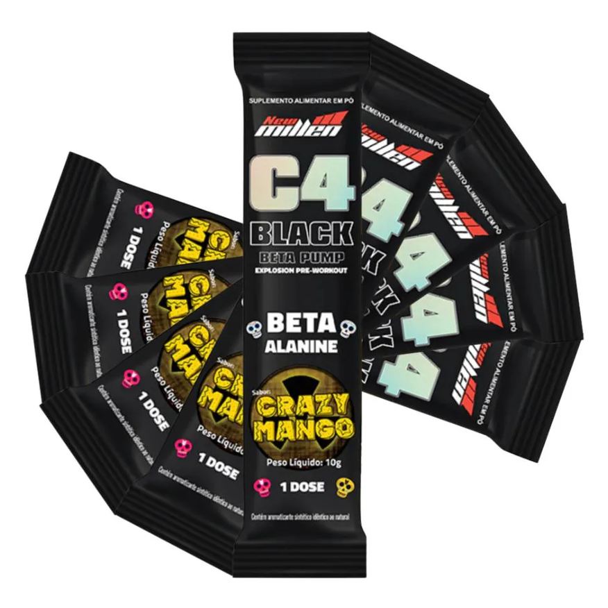 New Millen Kit 5 Saches C4 Black Beta Pump 10g Crazy Mango - Pré - Treino