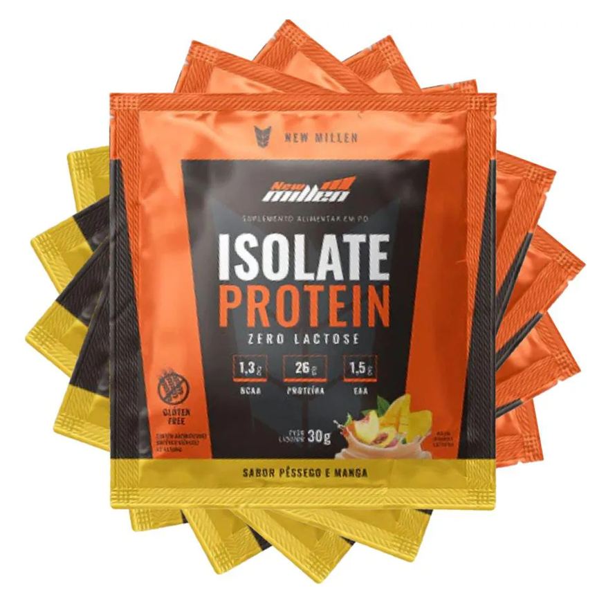 New Millen Kit 5 Unidades Sache Isolate Protein - Origem Bovina 30g - Pessego e Manga - Sem Gluein
