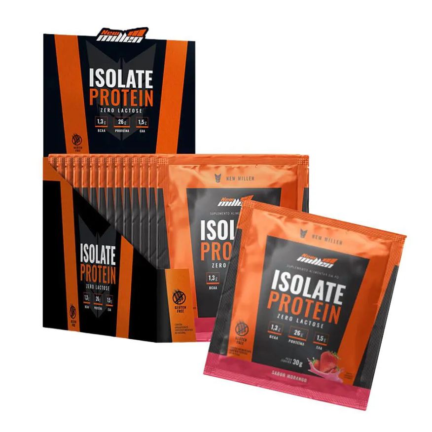 New Millen Sache Isolate Protein - Origem Bovina ( Caixa 15 Saches ) - Morango - Sem Gluein