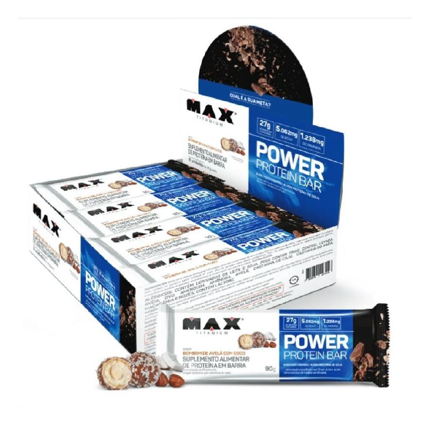 Max Titanium Power Protein Bar Caixa com 8 unidades (720g) - Sabor: Bombom de Avelã C/ Coco