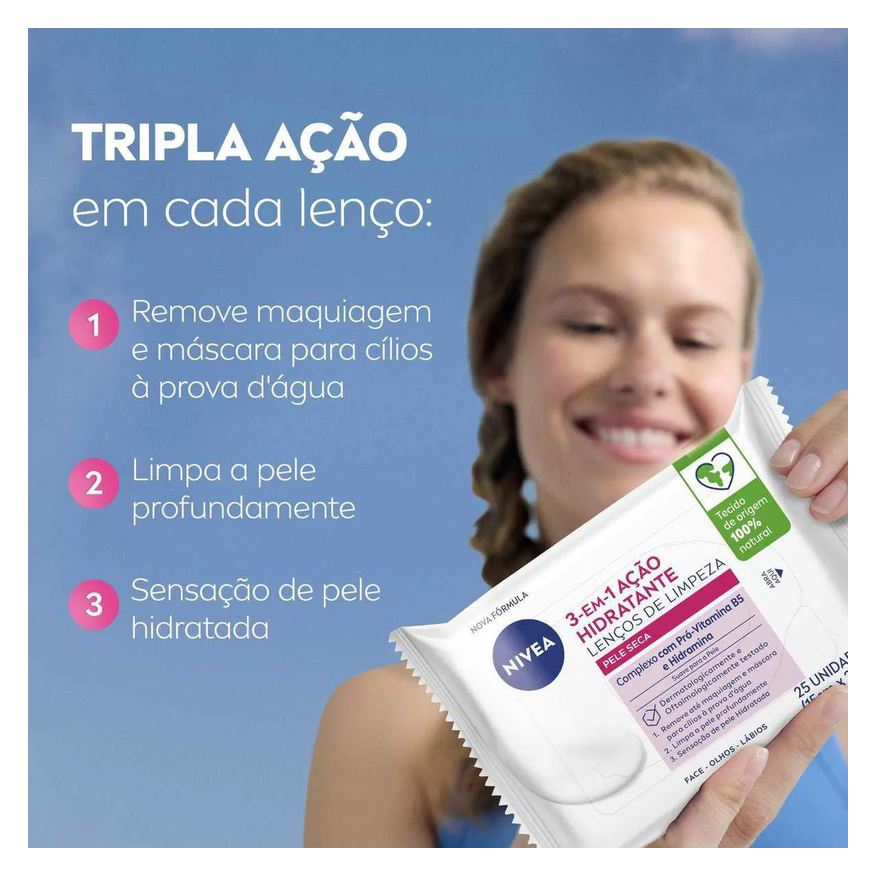 Nivea Lenço De Limpeza Facial 3 Em 1 Ação Hidratante 25 unidades