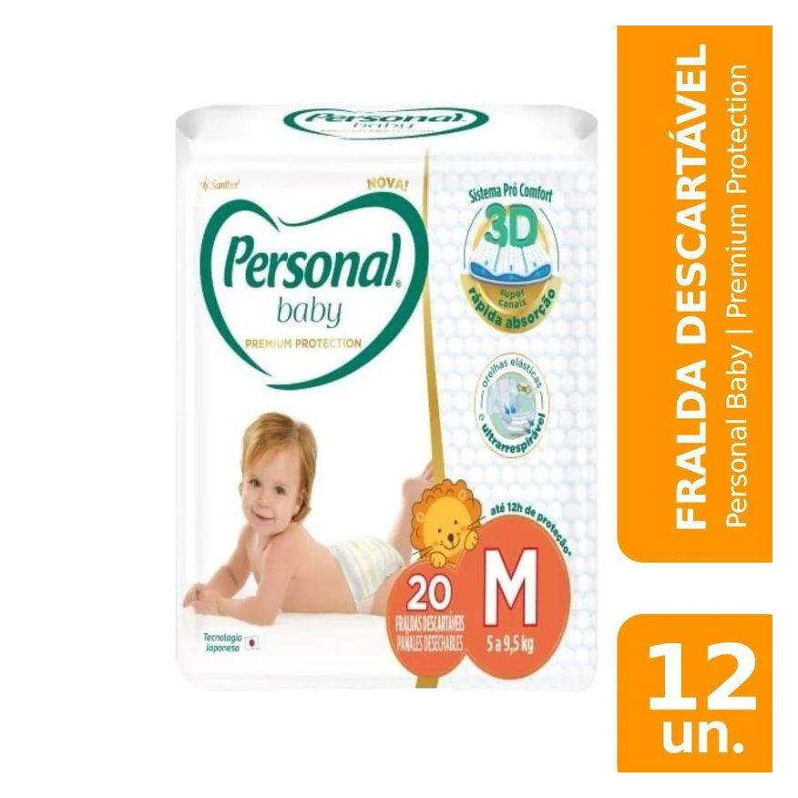 Personal Fralda Descartável Premium Tamanho M - 12 Pacotes com 20 Fraldas - Total de 240 Tiras