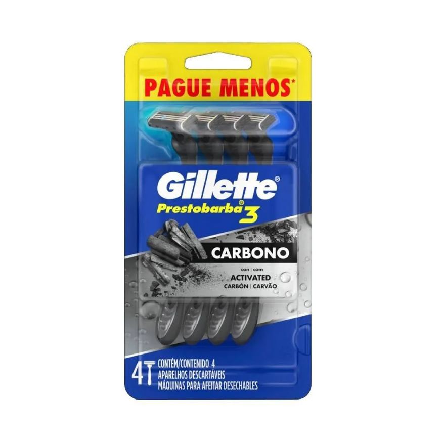 Gillette Aparelho Descartável para Barbear Prestobarba3 Carbono Masculino - Blister com 4 unidades