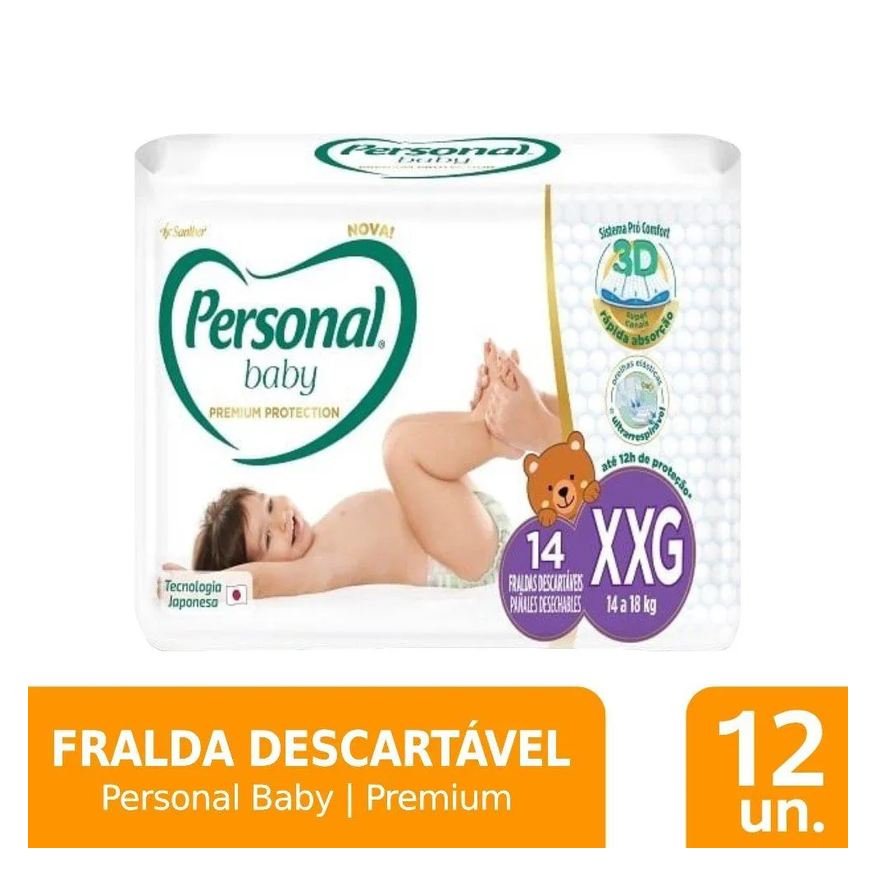 Personal Fralda Descartável Premium Jumbo Tamanho Xxg - 12 Pacotes com 14 Fraldas - Total de 168 Tiras