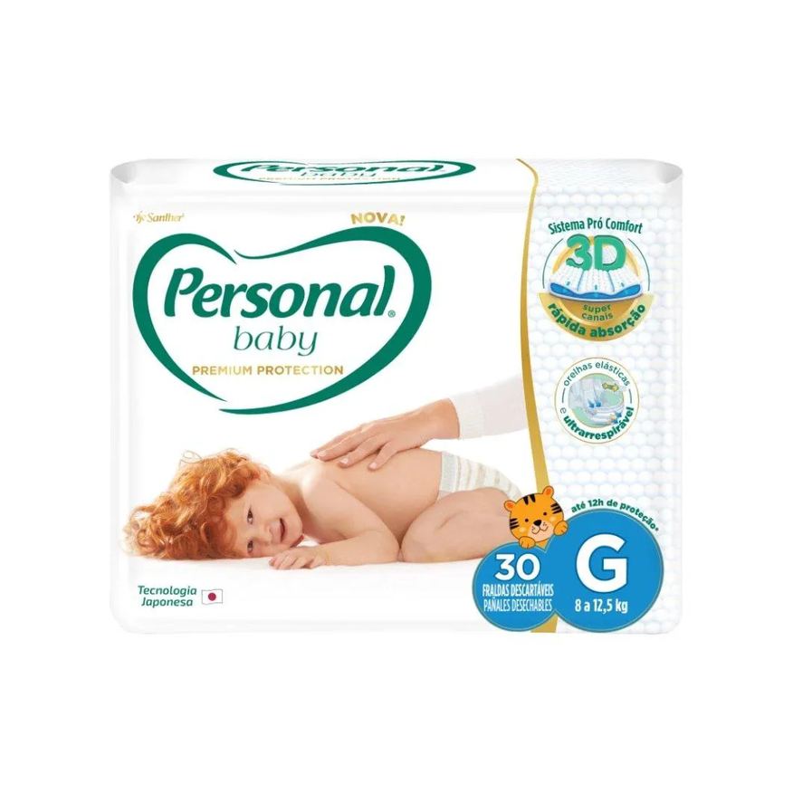 Personal Fralda Descartável Premium Mega Tamanho G - 9 Pacotes com 30 Fraldas - Total de 270 Tiras