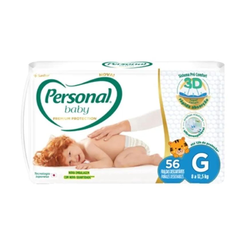 Personal Fralda Descartável Premium Tamanho G - 4 Pacotes com 56 Fraldas - Total de 224 Tiras