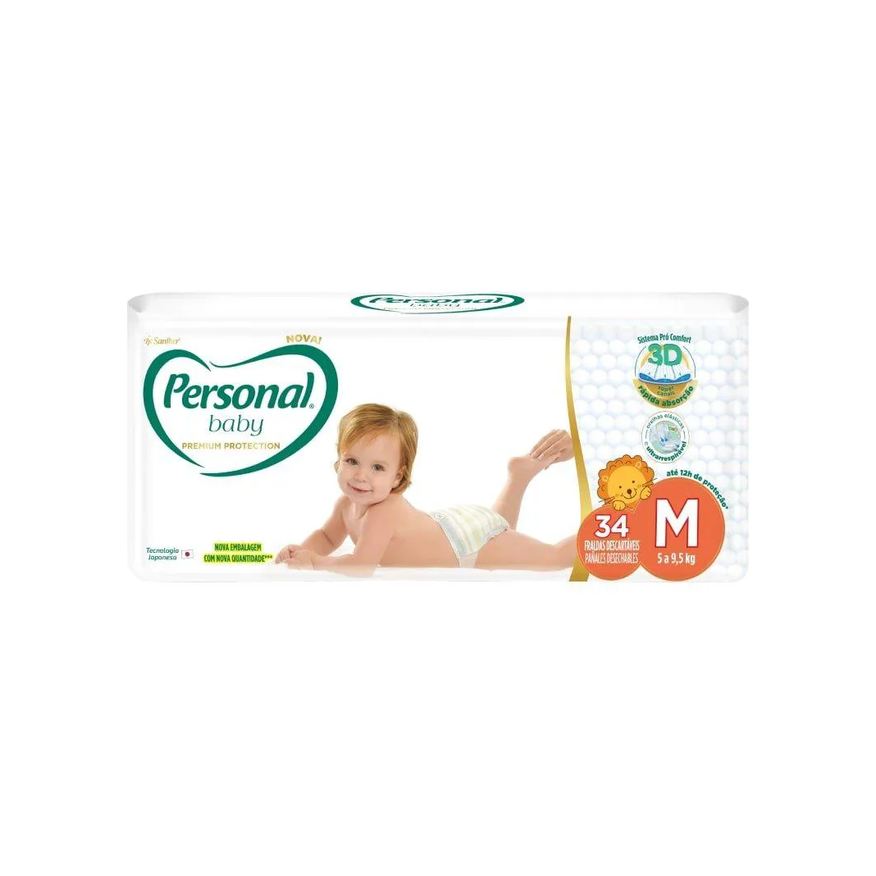 Personal Fralda Descartável Premium Tamanho M - 9 Pacotes com 34 Fraldas - Total de 306 Tiras