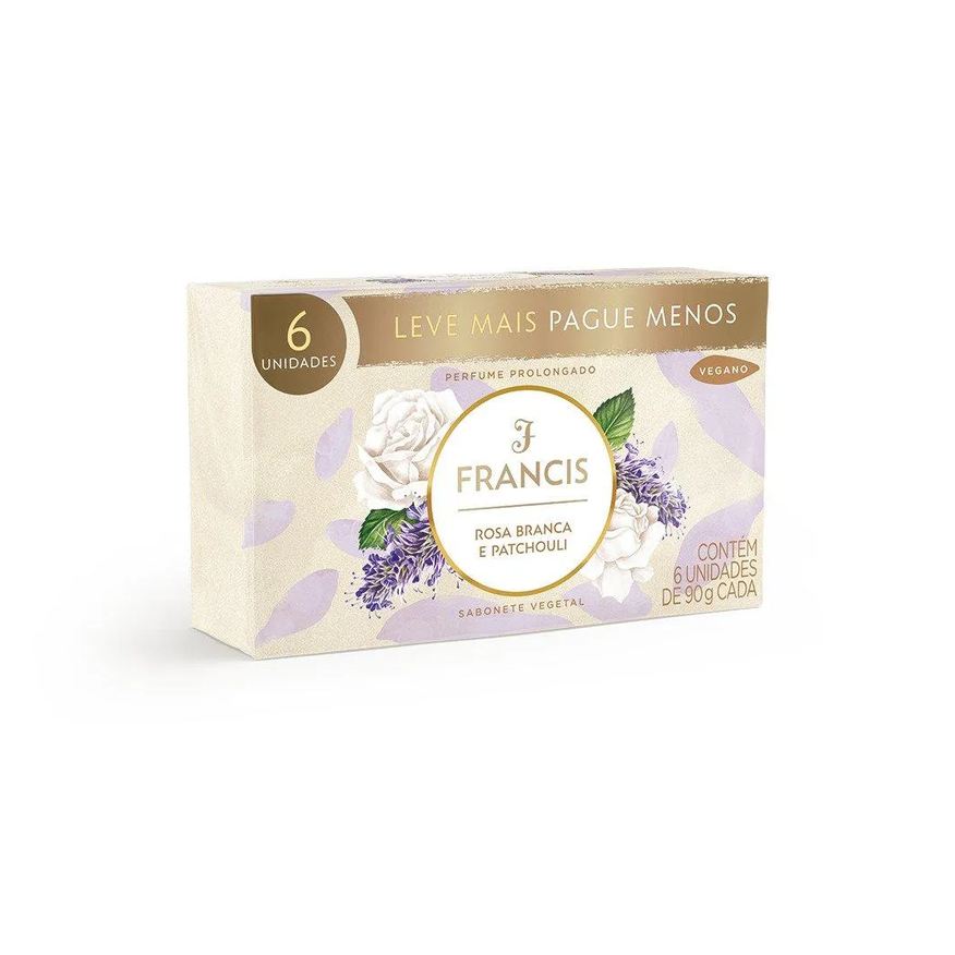 Francis Sabonete Luxo Rosa Branca e Patchouli 90g - Embalagem C/ 6 unidades