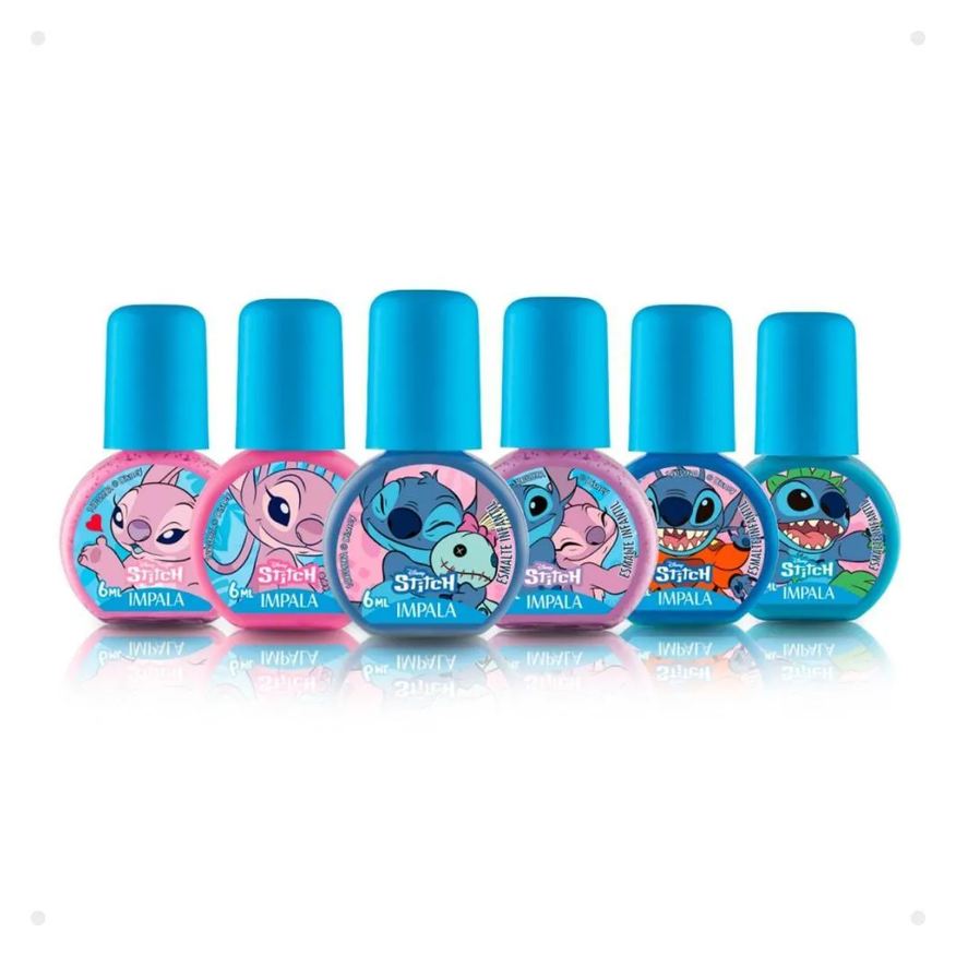 Impala Kit Disney Stitch 6 Esmaltes: Aloha, Brilho Angelical, Aloha Quer Família, Experiência 626, Nunca Abandonar, Amizade de Outro Planeta