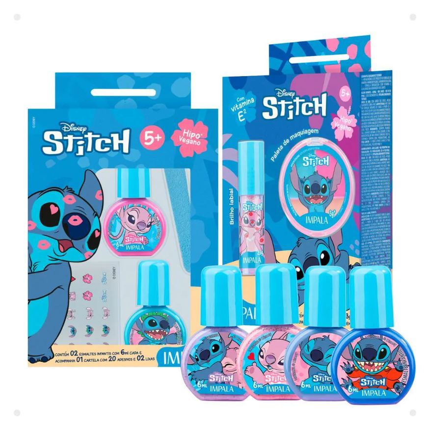 Impala Kit Stitch Completo com 10 Itens: 6 Esmaltes, Lixa, Adesivo, Paleta e Brilho Labial