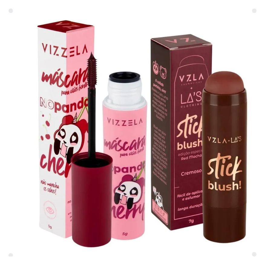 Vizzela Kit Vizzela: Blush Stick Red e Máscara de Cílios No Panda Bordô
