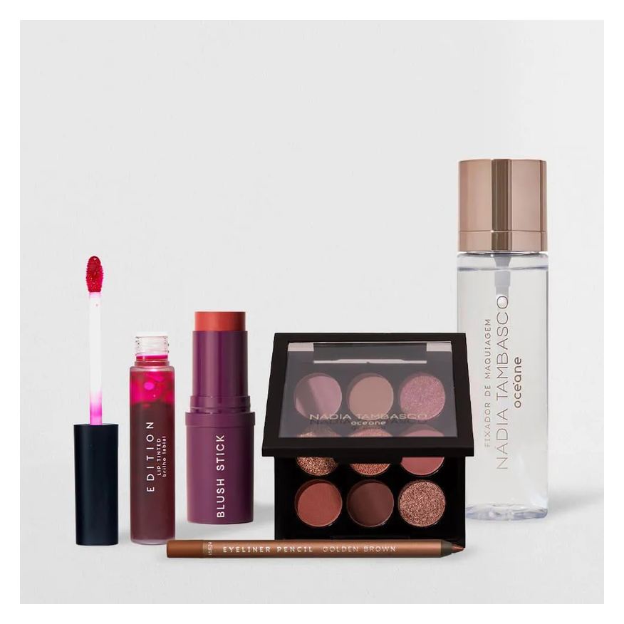 Océane KIT BLUSH EM BASTãO + FIXADOR DE MAQUIAGEM + LáPIS PARA OLHOS + LIP TINTED + PALETA DE SOMBRAS (5 PRODUTOS)