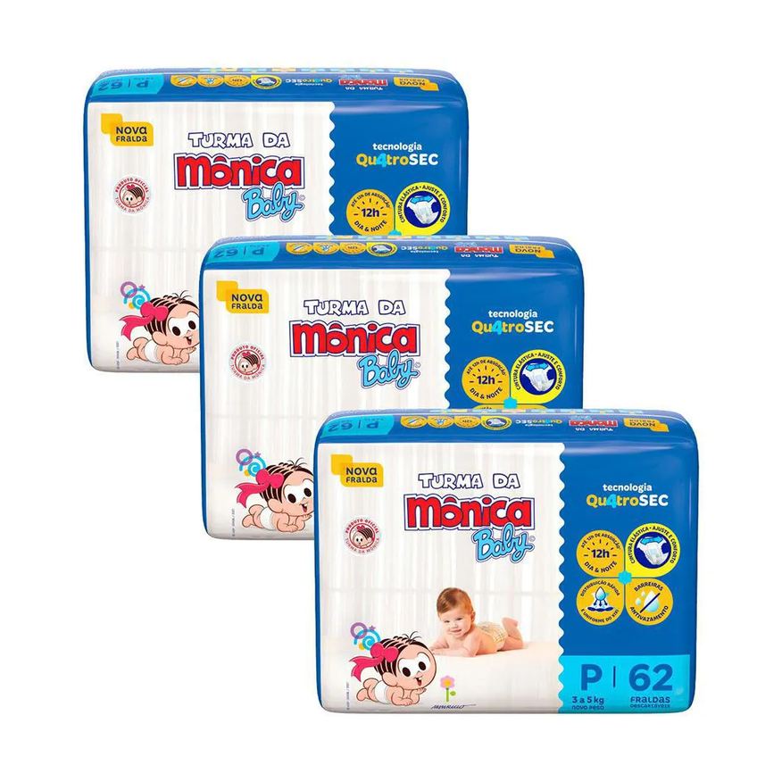 Turma da Mônica Baby Kit 3 Fraldas Mega P com 62un Cada