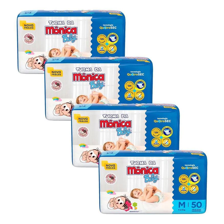 Turma da Mônica Baby Kit 4 Fraldas Mega M com 50un Cada