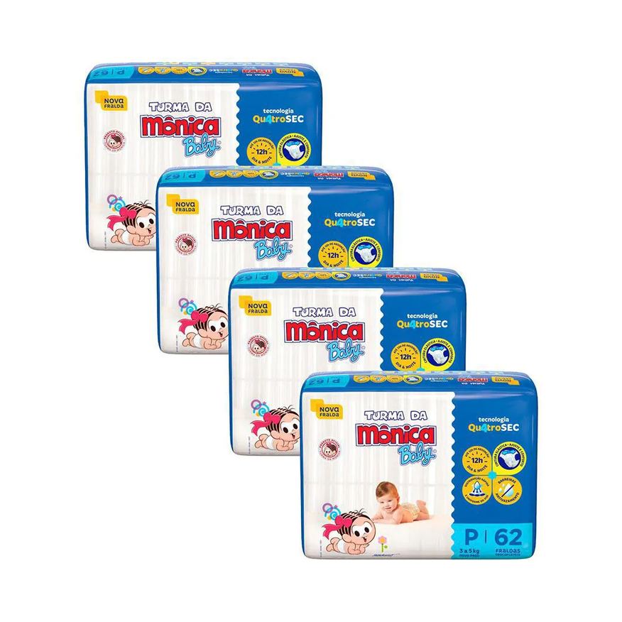 Turma da Mônica Baby Kit 4 Fraldas Mega P com 62un Cada