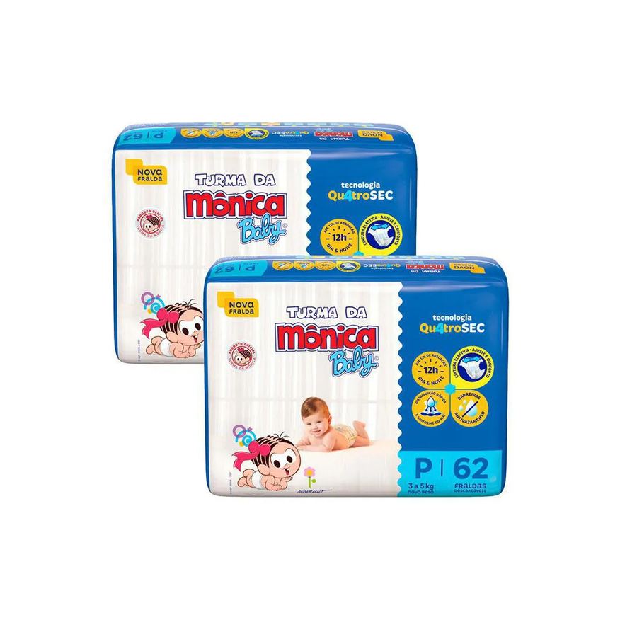 Turma da Mônica Baby Kit 2 Fraldas Mega P com 62un Cada