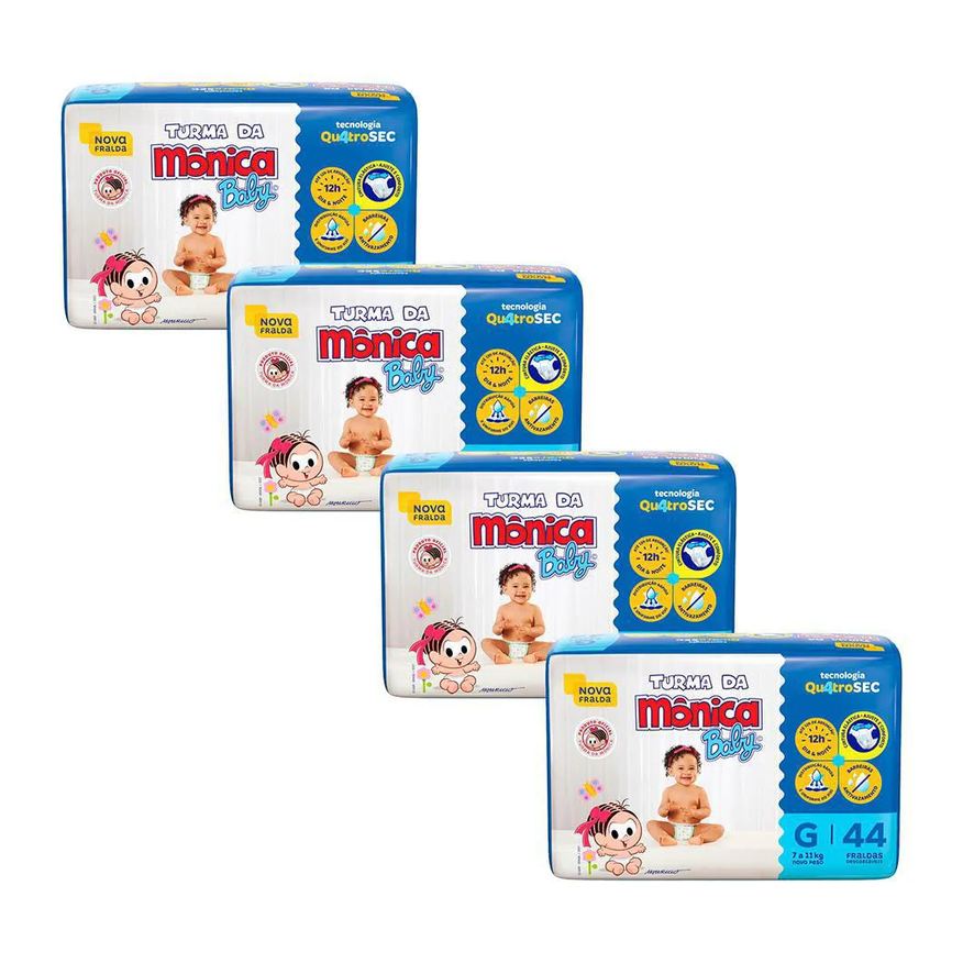 Turma da Mônica Baby Kit 4 Fraldas Mega G com 44un Cada