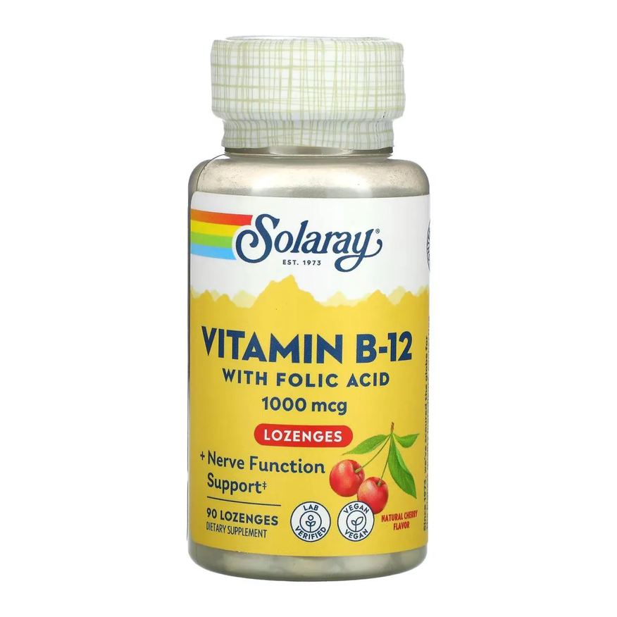 Solaray Vitamina B12 1.000mcg com Ácido Fólico 90 Pastilhas Sabor Cereja Natural