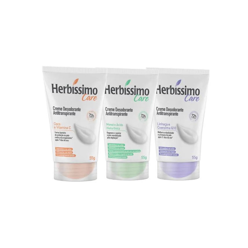 Herbíssimo Kit Creme Desodorante Antitranspirante Care Coco + Monoi + Linhaça Bisnaga 55g