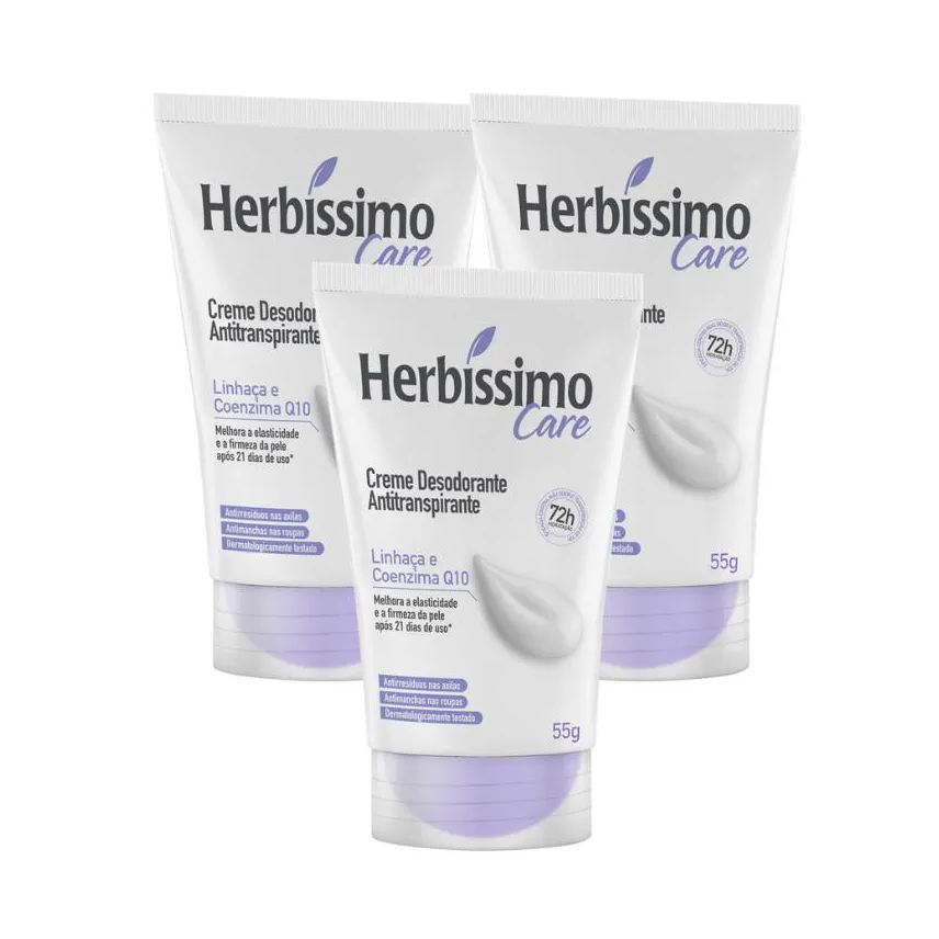 Herbíssimo Kit Creme Desodorante Antitranspirante Care Linhaca e Coenzima Q10 Bisnaga 55g - 3 Unidades