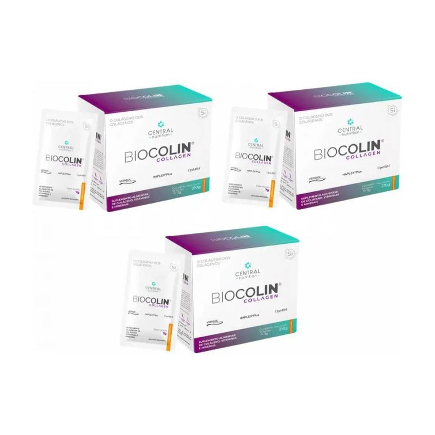 Central Nutrition Kit com 3 Biocolin Collagen Colágeno 7g 30 Sachês Tangerina