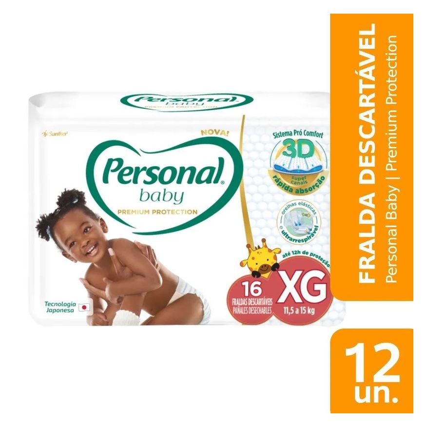 Personal Fralda Descartável Premium Jumbo Extra Grande - 12 Embalagens com 16 Fraldas - Total de 192 Tiras