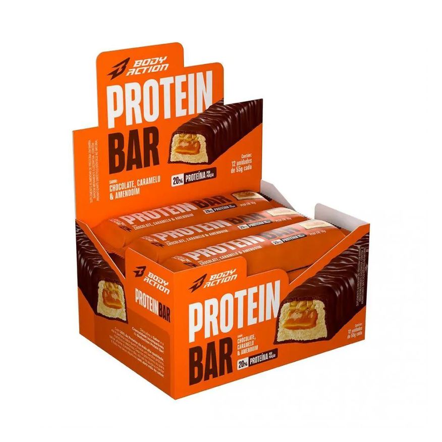 Body Action Protein Bar (Display 12 unidades 55g) - Sabor: Chocolate, Caramelo e Amendoim
