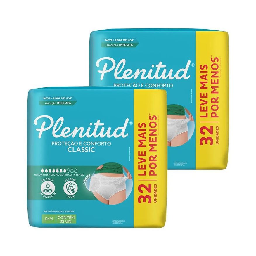 Plenitud Fralda Descartável Classic Intensa Tamanho P/m Roupa Íntima - 2 Pacotes com 32 unidades
