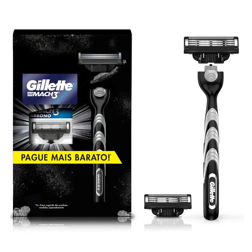 Gillette Kit Aparelho de Barbear Descartável Rosto Mach3 Carbono + 1 Refil