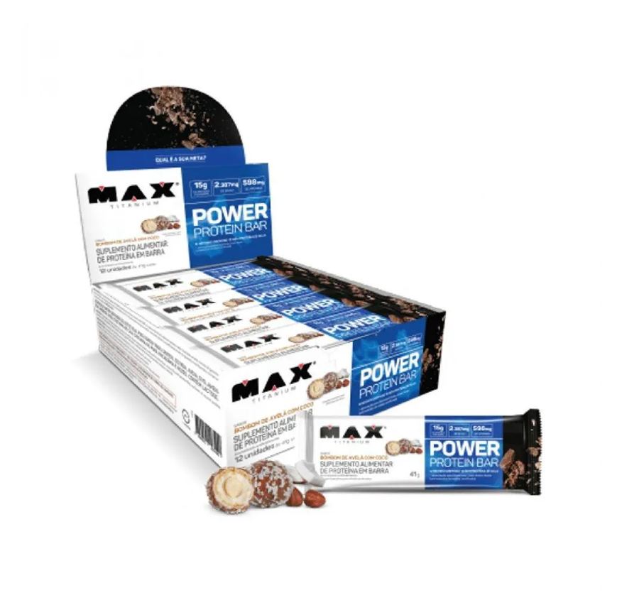 Max Titanium POWER PROTEIN BAR CAIXA COM 12 UNIDADES (492g) - SABOR: BOMBOM DE AVELã C/ COCO