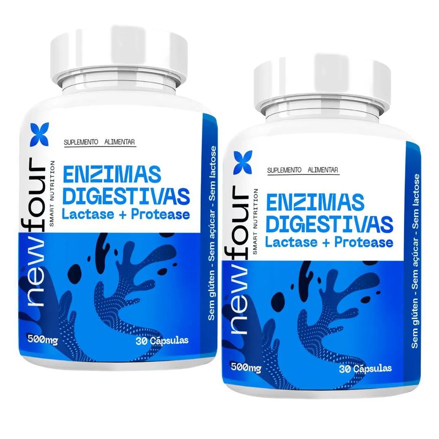 New Four Enzimas Digestivas Lactase + Protease Kit com 2 Potes com Total de 60 Capsulas