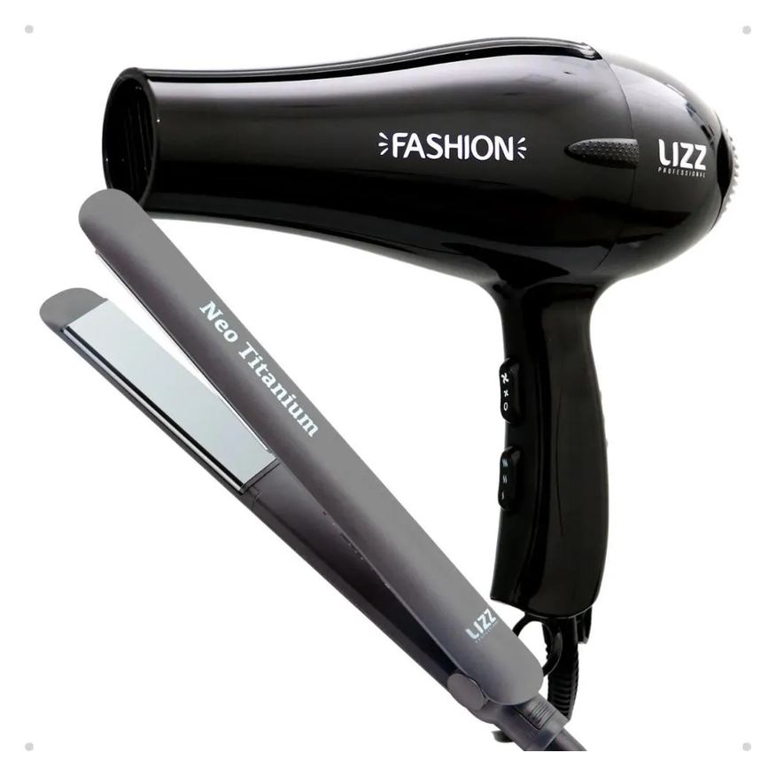 Lizz Kit Lizz: Secador Fashion Preto 2200w 220v e Prancha Neo Titanium Cinza 230°c Bivolt