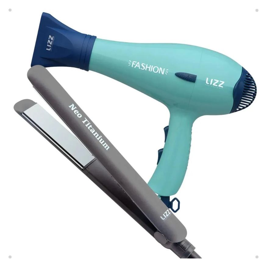 Lizz Kit Lizz: Secador Fashion Verde 2200w 220v e Prancha Neo Titanium Cinza 230°c Bivolt