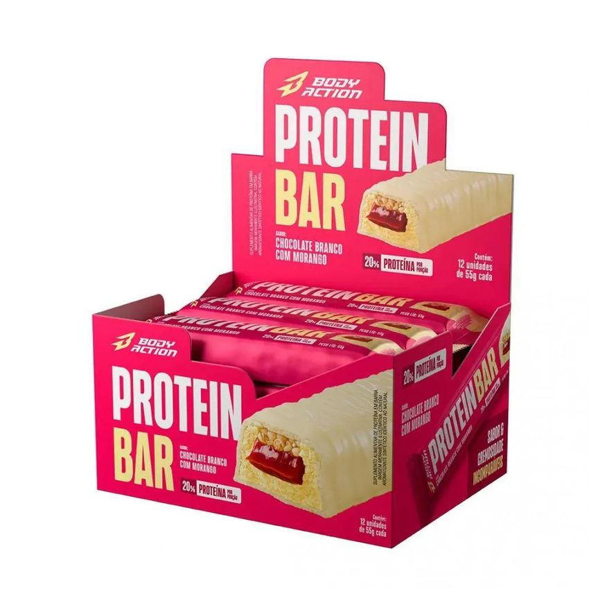 Body Action Protein Bar (display 12 Unid 55g) - Sabor: Chocolate Branco c/ Morango