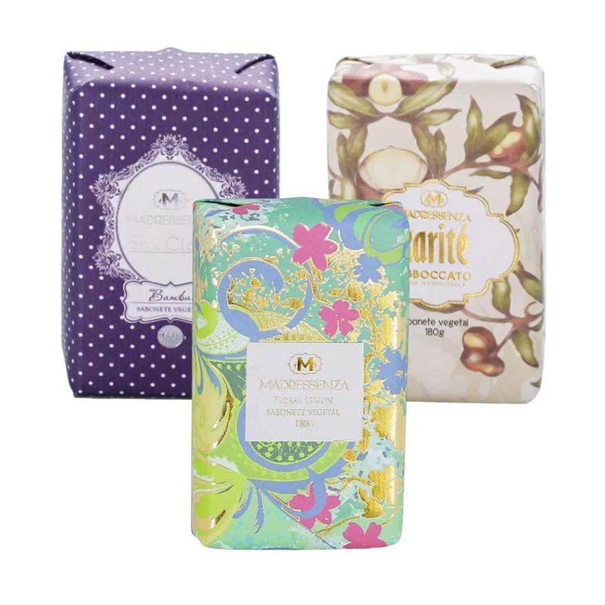 Madressenza Kit Sabonetes Vegetal em Barra Bambu + Karité + Floral Lemon 180g