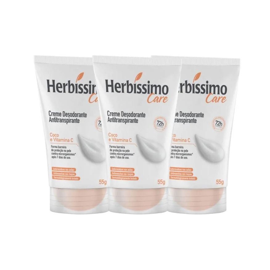 Herbíssimo Kit Desodorante Cremoso Care Coco e Vitamina C 55g (3 Unidades)