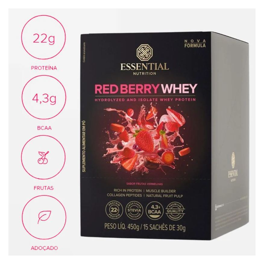 Essential Nutrition Whey Protein - Sabor Red Berry - (caixa 15 Saches)